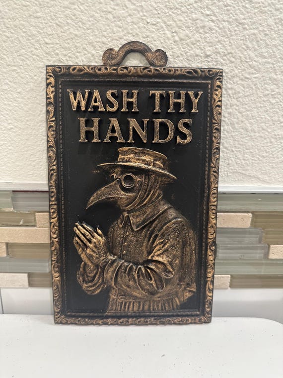 Hand Painted Plague Doctor 9” x 6” Wash Thy Hands Bathroom Decor Wall Art Sign Sculpture 3d Vintage Antique Gift Plaque Funny Rustic Relief