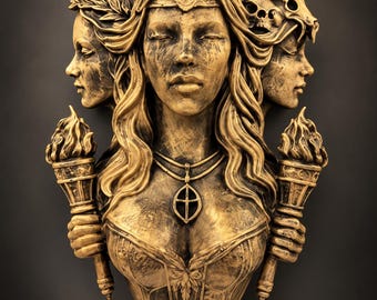 May include: A gold-toned wall sculpture depicting a three-faced figure with closed eyes. The central figure wears a crescent moon headpiece and a pendant necklace. The side faces are adorned with a laurel wreath and a skull, while holding two torches.