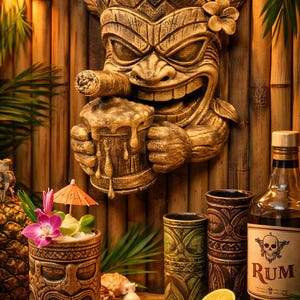May include: A tiki-themed display featuring a carved wooden tiki mask with a cigar and beer mug, a cocktail with a small umbrella, and a bottle of rum. Several tiki mugs and a pineapple are also visible.