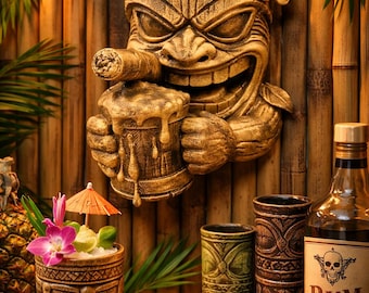 Tiki Bar Wall Decor - Beer Mug Sculpture - Cigar Tiki God Wall Art - Man Cave Decor - Funny Bar Gift Tropical Island Wall Hanging