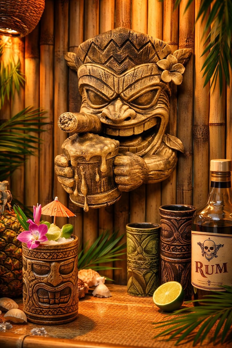 May include: A tiki-themed display featuring a carved wooden tiki mask with a cigar and beer mug, a cocktail with a small umbrella, and a bottle of rum. Several tiki mugs and a pineapple are also visible.