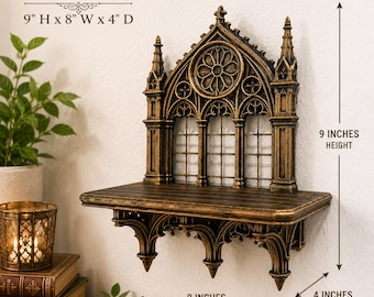 Gothic Cathedral Wall Shelf - Medieval Church Window Decor - Dark Academia Wall Art - Architectural Gothic Home Decor - Hand Painted Gold
