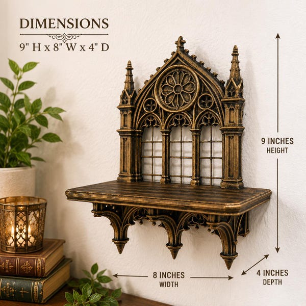 Gothic Cathedral Wall Shelf - Medieval Church Window Decor - Dark Academia Wall Art - Architectural Gothic Home Decor - Hand Painted Gold