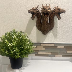 May include: A three-headed dragon wall sculpture in shades of brown is mounted on a white wall. The dragon's mouths are open, revealing teeth. A small, green plant in a black pot sits below the sculpture.