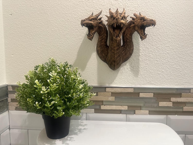 May include: A three-headed dragon wall sculpture in shades of brown is mounted on a white wall. The dragon's mouths are open, revealing teeth. A small, green plant in a black pot sits below the sculpture.