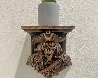 Estante de pared de pirata fantasma - Decoración de esqueleto embrujado - Soporte de pared gótico náutico de bucanero - Estante flotante pintado a mano de 8 x 7 x 4