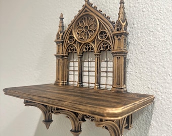 Gothic Kathedrale Wandregal - Mittelalterliche Kirche Fensterdekoration - Dark Academia Wandkunst - Architektonische Gotik Wohnkultur - Handbemalt Gold