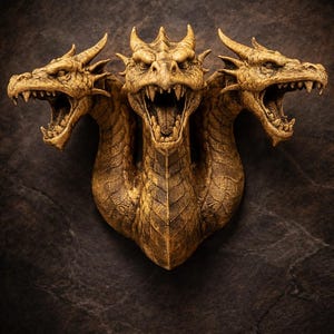 May include: A detailed sculpture of a three-headed dragon with open mouths, showcasing sharp teeth. The dragon is a golden-brown color, with textured scales and horns. The artwork is set against a dark, textured background.
