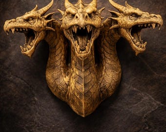 Three-Headed Dragon Wall Sculpture - Mythical Hydra Wall Art Fantasy Decor - Gamer Wall Mount 9x9x4
