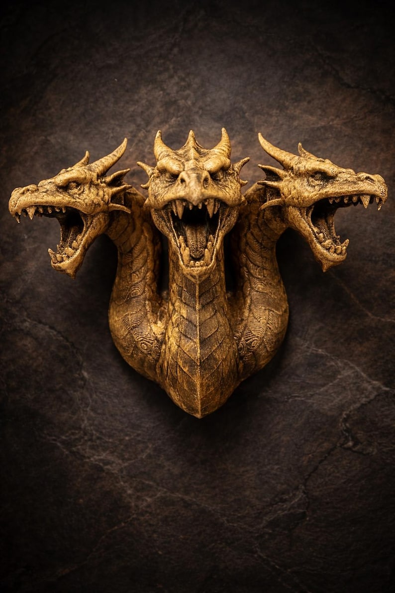 May include: A detailed sculpture of a three-headed dragon with open mouths, showcasing sharp teeth. The dragon is a golden-brown color, with textured scales and horns. The artwork is set against a dark, textured background.