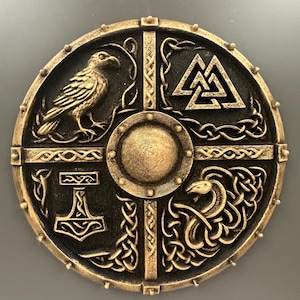 8” Viking Shield Wall Art Plaque — Norse Mythology Symbols, Antique Bronze 3D Printed Decor, Odin, Valknut, Thor Hammer