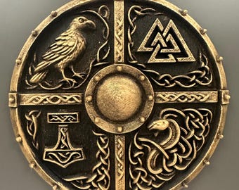 8” Viking Shield Wall Art Plaque — Norse Mythology Symbols, Antique Bronze 3D Printed Decor, Odin, Valknut, Thor Hammer
