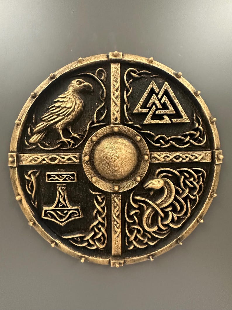 8” Viking Shield Wall Art Plaque — Norse Mythology Symbols, Antique Bronze 3D Printed Decor, Odin, Valknut, Thor Hammer image 1