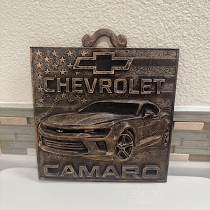 Custom Hand Painted Gold Chevrolet Camaro 9” x 9” Wall Art Sculpture Plaque Muscle Car American Flag Sign Chevy Garage Decor Rustic