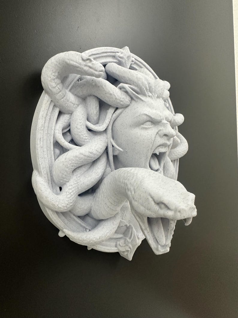 May include: A light gray Medusa wall sculpture with snakes for hair, open mouth, and detailed facial features. The sculpture is round and mounted on a black surface.