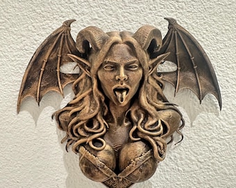 Gothic Succubus Wall Mount Sculpture - Dark Fantasy Demon Wall Decor - Horror Gothic Home Art - Hand Painted Fantasy Home Decor