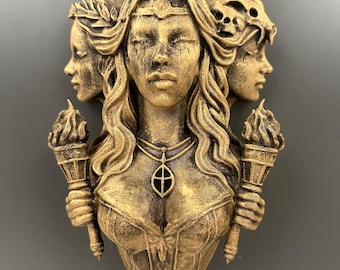 Triple Goddess Hecate Wall Sculpture - Gothic Mythology Decor - Pagan Altar Wall Art - Hekate Witch Witchcraft Dark Occult Moon 9”