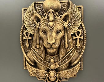 Sekhmet Wall Art Egyptian Goddess Decor - Lioness Head Plaque Ancient Egypt Wall Hanging - Hand Painted Gold Home Decor
