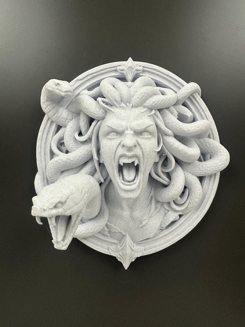 May include: A gray, 3D-printed sculpture of Medusa's head, featuring snakes and an open mouth. The sculpture is round with a decorative border and is set against a dark background.