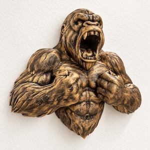 Escultura de parede de gorila rugindo - 9x9x3 - Suporte de parede de cabeça de animal - Decoração de selva - Arte pintada à mão - Busto de gorila pendurado