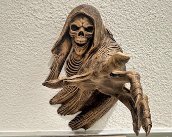 Hand Painted Grim Reaper Wall Mount - Skeleton Hand Gothic Horror Wall Decor - Dark Home Decor Statement Wall Sculpture 9”