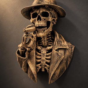 May include: A wall-mounted bust of a skeleton wearing a fedora hat and a trench coat. The skeleton is depicted with an open jaw and is holding a cigar between its fingers. The entire piece features a distressed, metallic bronze finish.