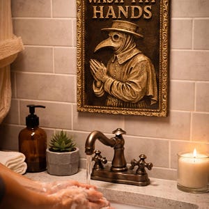 May include: A bronze-colored wall plaque with the text "WASH THY HANDS" and a relief image of a plague doctor. The plaque is framed and hangs above a bathroom sink with running water. A candle and soap dispenser are also visible.