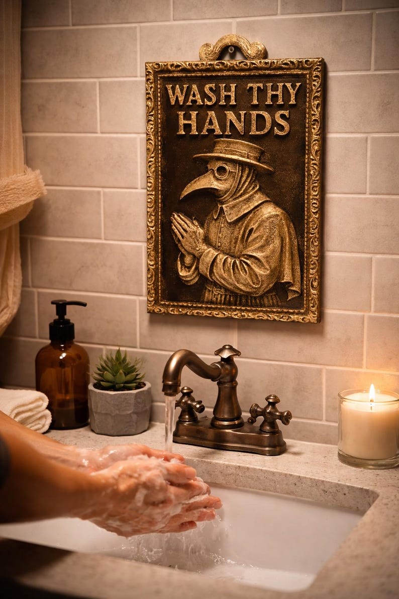 May include: A bronze-colored wall plaque with the text "WASH THY HANDS" and a relief image of a plague doctor. The plaque is framed and hangs above a bathroom sink with running water. A candle and soap dispenser are also visible.