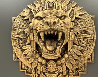 Aztec Jaguar Warrior Wall Mount | Mayan Sun Stone Trophy Plaque | Jaguar Head Sculpture | Tribal Wall Art | Ancient Temple Decor 9x8x3”