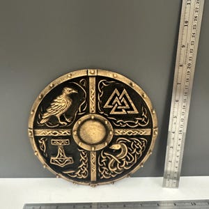 8” Viking Shield Wall Art Plaque — Norse Mythology Symbols, Antique Bronze 3D Printed Decor, Odin, Valknut, Thor Hammer image 2