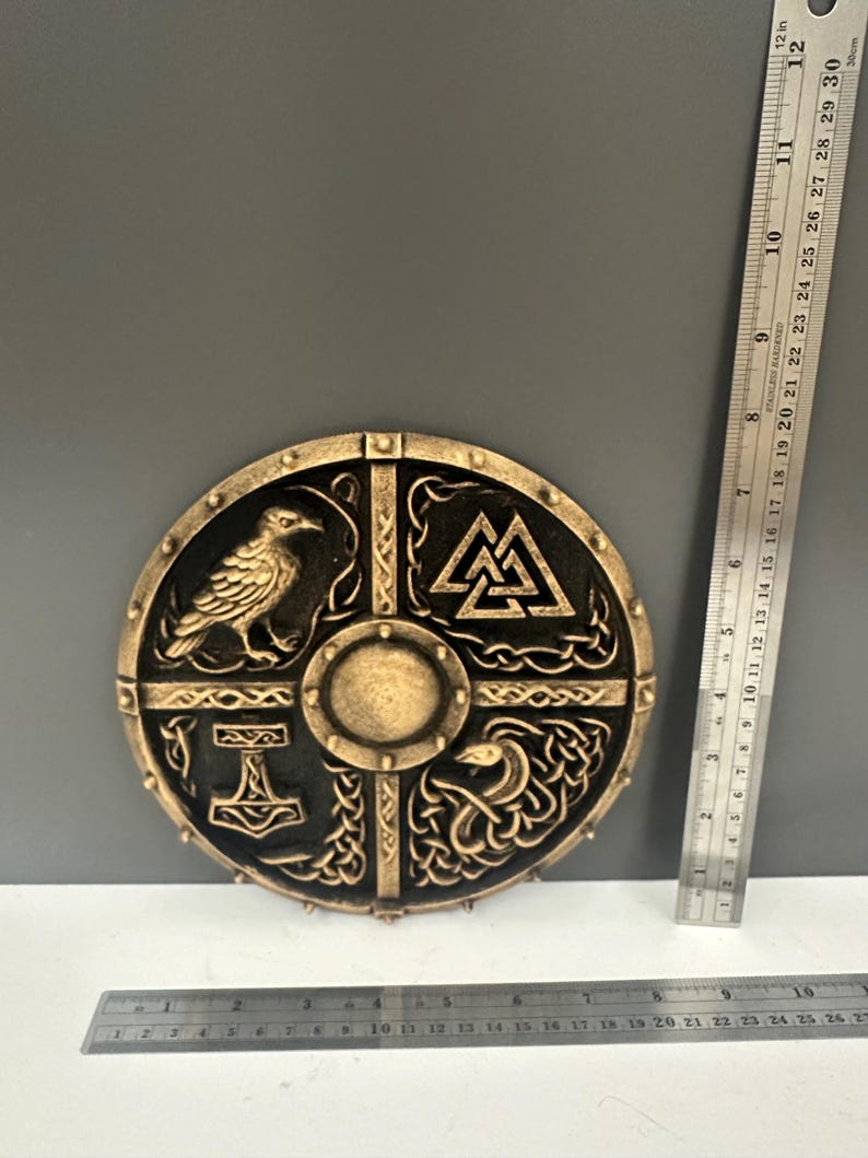 8” Viking Shield Wall Art Plaque — Norse Mythology Symbols, Antique Bronze 3D Printed Decor, Odin, Valknut, Thor Hammer image 2