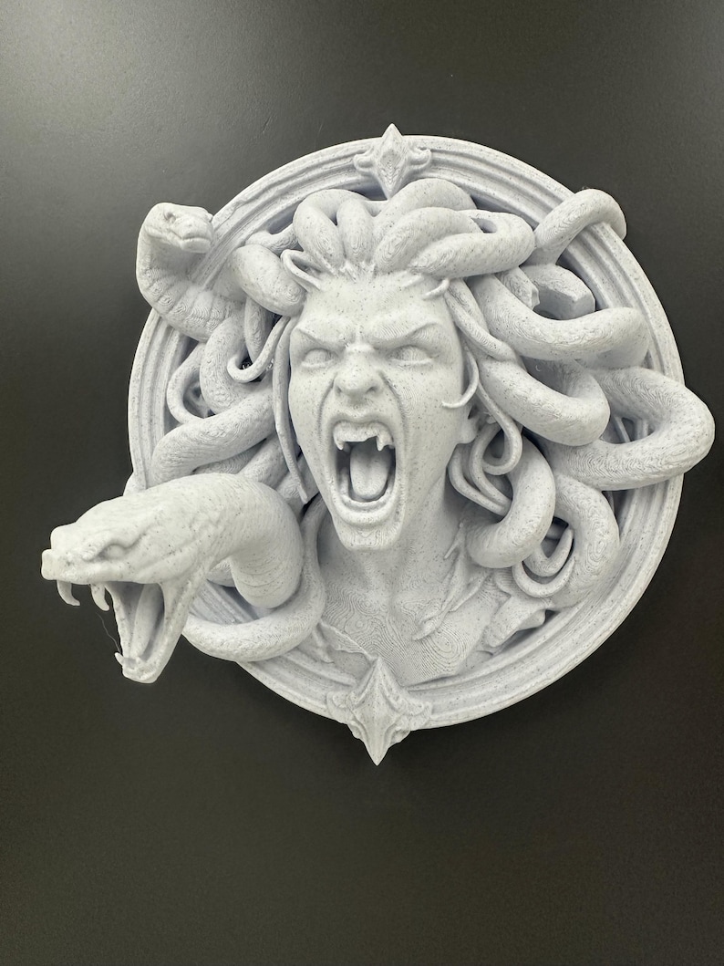 May include: A light gray, 3D-printed Medusa head sculpture. The sculpture features a woman with snakes for hair, an open mouth, and a circular frame. Two snakes are prominently displayed, one on each side of the head.