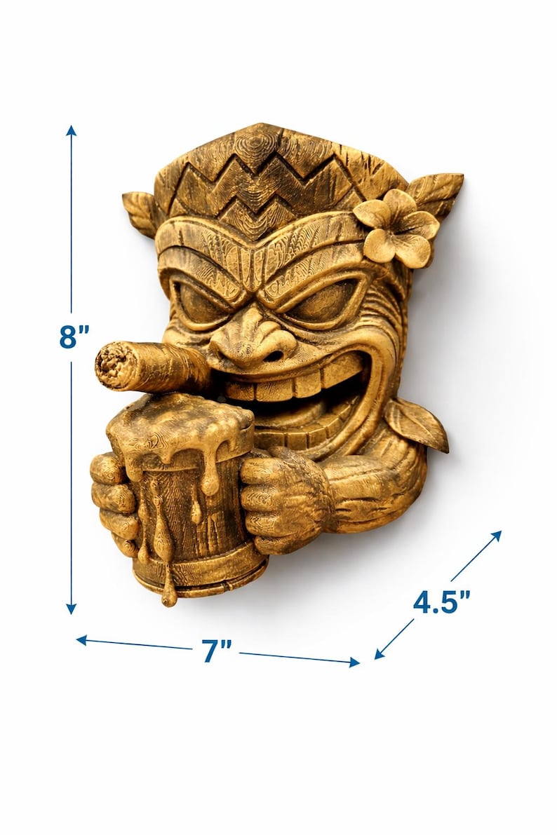 May include: A detailed, golden-brown Tiki mask wall hanging. The mask is 8 inches tall, 7 inches wide, and 4.5 inches deep. It features a smiling face, a cigar, and a mug of beer. A flower adorns the side of the head.