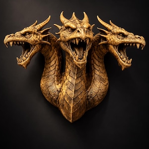 Könnte beinhalten: Eine dreiköpfige Drachenskulptur mit verwittertem Gold-Finish. Jeder Kopf zeigt spitze Hörner, entblößte Zähne und ein offenes Maul. Die Oberflächen der Hälse und Köpfe weisen durchgehend detaillierte, texturierte Schuppenmuster auf.