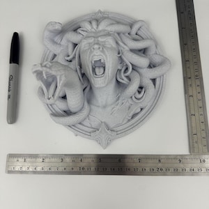 May include: A gray Medusa sculpture with snakes for hair, open mouth, and a detailed circular frame. The sculpture is approximately 6 inches in diameter. A black marker and a ruler are next to the sculpture.