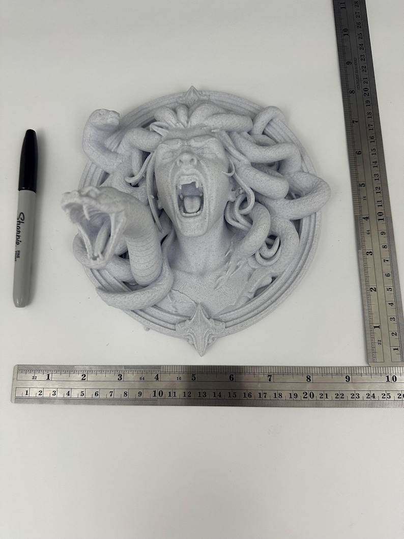 May include: A gray Medusa sculpture with snakes for hair, open mouth, and a detailed circular frame. The sculpture is approximately 6 inches in diameter. A black marker and a ruler are next to the sculpture.