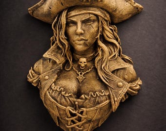 May include: A bronze-colored bust of a female pirate. She wears a tricorn hat with a skull and crossbones, a laced corset, and a necklace with a skull pendant. The bust has long, flowing hair and is set against a dark background.