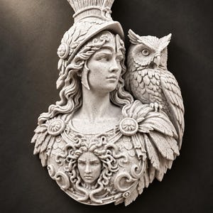 May include: A light gray stone-textured wall plaque depicting a bust of a figure wearing a crested helmet and ornate armor with a Medusa head emblem on the chest. An owl is perched on the figure's shoulder, rendered in a detailed relief style.