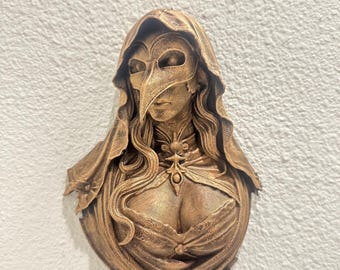 Plague Doctor Maiden Wall Decor - Gothic Plague Mask Bust - Dark Academia Wall Mount - Witchy Decor - Hand Painted Antique Gold Vintage 9”
