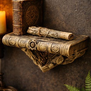 May include: A decorative shelf designed as a stack of antique books. The shelf is a weathered brown color with intricate carvings and a pentagram design. A small, aged book and a rolled parchment rest on the shelf, evoking a mystical theme.