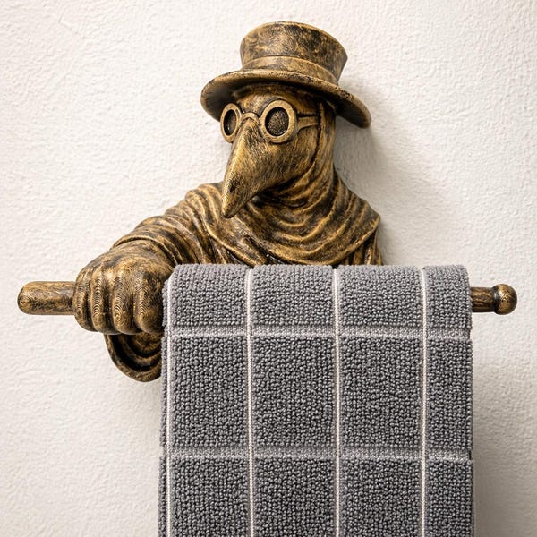 Soporte de pared para toallas con forma de médico de la peste - Decoración de pared gótica - 9x9x4 - Pintado a mano - Decoración vintage de boticario para baño