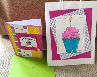 Vibrant Birthday folded card (5"x7") with embellished envelope AND coordinating gift bag - upcycled features