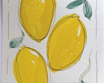 Watercolored lemon card, flat style with envelope