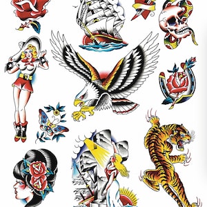 Traditional Tattoo Flash Sheet – Americana Style Eagle, Skull, Panther, and Pinups | 16x20” Digital Download