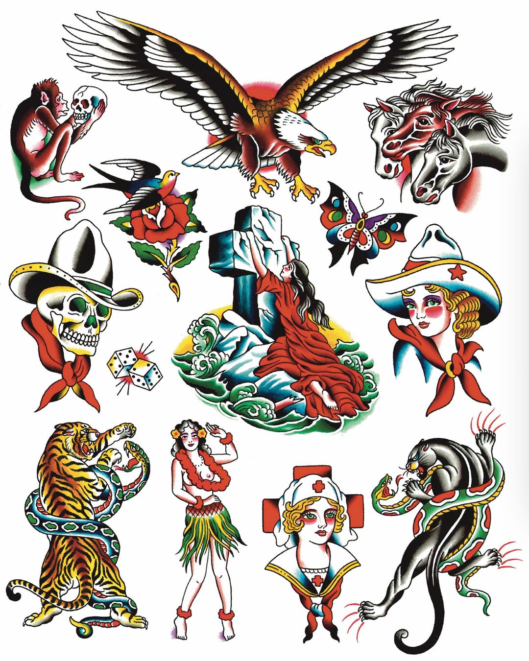 Traditional Tattoo Flash Sheet – Vintage Americana Style Art | 16x20 ...