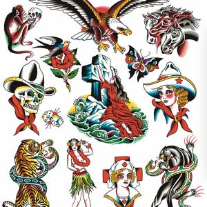 Traditional Tattoo Flash Sheet – Vintage Americana Style Art | 16x20” Digital Download