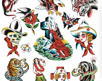 Traditional Tattoo Flash Sheet – Vintage Americana Style Art | 16x20” Digital Download
