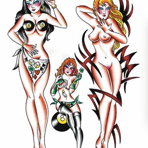 Vintage Tattoo Pinup Girls Watercolor Print – Traditional Flash Style | 11x14” Digital Download