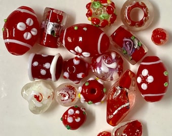 20 Handmade Lampwork Glass Beads in Foils, Applied Flowers, Bumpy etc in Cranberry and Apple Red Mix