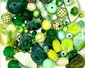 ACRYLIC, Resin, Plastic, Textile MIX Beads 120 Grams (1/4 Pound) Premium Upcycled and New in Bottles and Grass Greens Bead Soup, Craft
